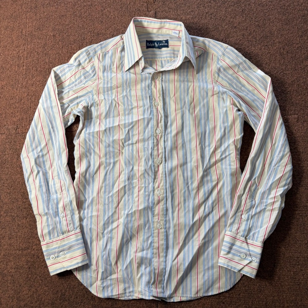 Ralph Lauren Men's White Button-Down Shirt with Blue and Red Stripes